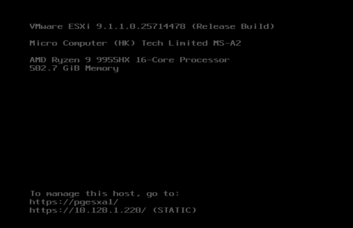 ESX console on pgesxa1 after the build — VMware ESXi 9.1.1.0.25714478 (Release Build), Micro Computer (HK) Tech Limited MS-A2, AMD Ryzen 9 9955HX 16-Core Processor, 502.7 GiB Memory, and the management URLs https://pgesxa1/ and https://10.128.1.220/ marked STATIC