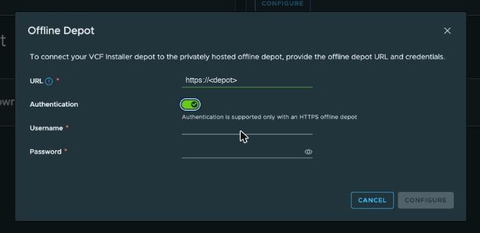 VCF Installer, Offline Depot dialog — URL field, Authentication switched on with the note that authentication is supported only with an HTTPS offline depot, and empty Username and Password fields. The depot's hostname is replaced in this picture.