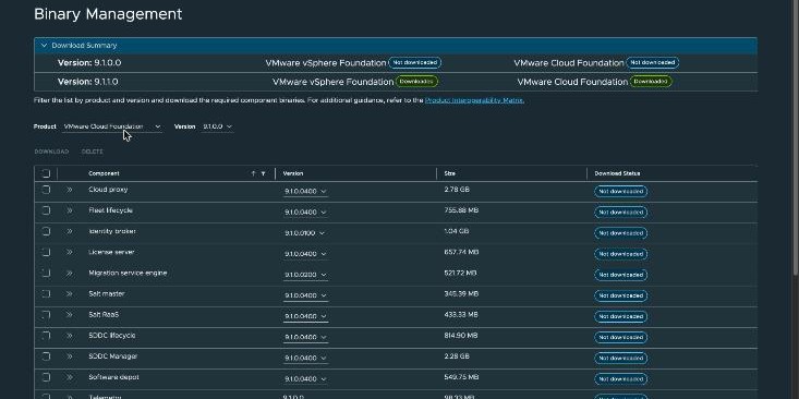 VCF Installer, Binary Management — Download Summary shows version 9.1.1.0 as Downloaded for both VMware vSphere Foundation and VMware Cloud Foundation, and 9.1.0.0 as Not downloaded