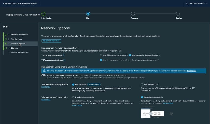 VCF Installer, Plan › 3 Network Options as found — VM management network on a separate dedicated network, Full Stack VPC, and Centralized Connectivity selected, which routes north-south traffic through NSX Edge nodes