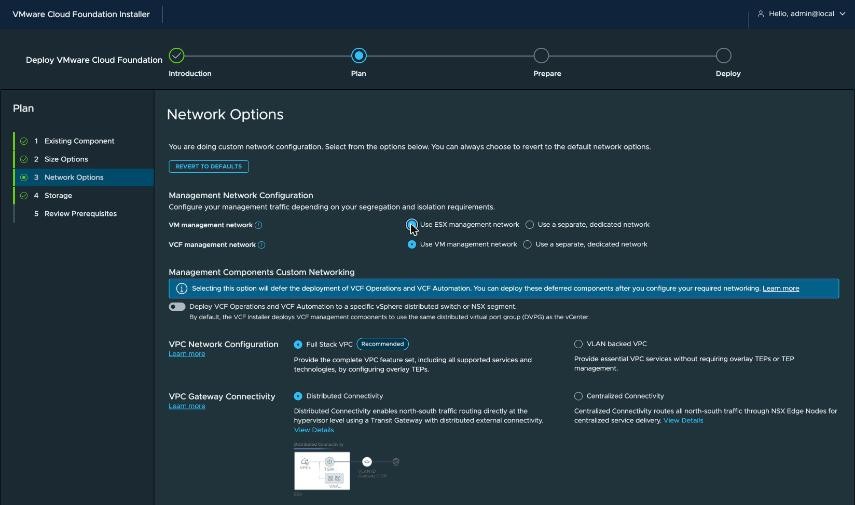 VCF Installer, Plan › 3 Network Options corrected — VM management network uses the ESX management network, VCF management network uses the VM management network, Full Stack VPC, and Distributed Connectivity selected, which routes north-south traffic at the hypervisor using a transit gateway