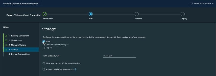 VCF Installer, Plan › 4 Storage — vSAN selected, vSAN architecture set to vSAN ESA, with the checkboxes Allow auto claim of HCL incompatible disks and Activate Data-in-Transit encryption below it, both shown unticked