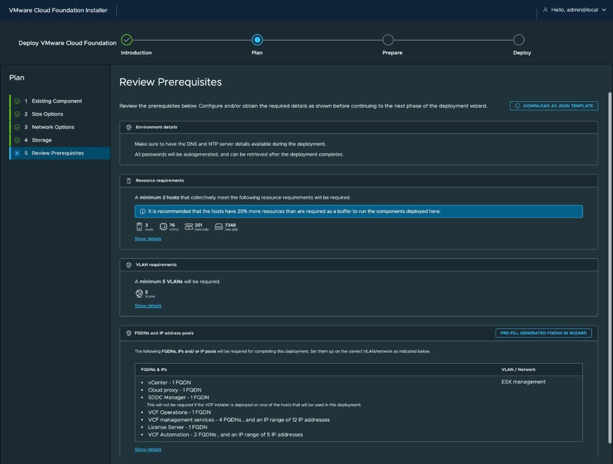 VCF Installer, Plan › 5 Review Prerequisites — a minimum of 3 hosts with 76 vCPUs, 251 GB RAM and 7348 GB disk, a minimum of 5 VLANs, and the FQDN list: vCenter, Cloud proxy, SDDC Manager, VCF Operations, VCF management services with 4 FQDNs and a range of 12 IP addresses, License Server, and VCF Automation with 2 FQDNs and a range of 5 IP addresses. A Download as JSON template button is at the top right.
