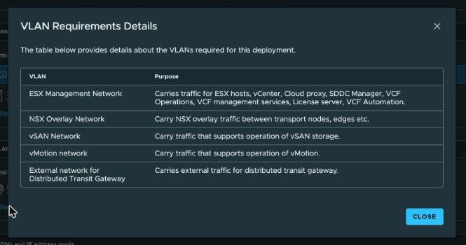 VCF Installer, VLAN Requirements Details — ESX Management Network, NSX Overlay Network, vSAN Network, vMotion network, and External network for Distributed Transit Gateway