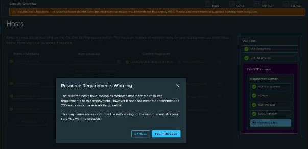 VCF Installer, Prepare › 2 Hosts — an Insufficient Resources banner across the top, and in front of it a Resource Requirements Warning dialog saying the selected hosts meet the resource requirements of this deployment but not the recommended 20% extra resource availability guideline, with Cancel and Yes, Proceed buttons