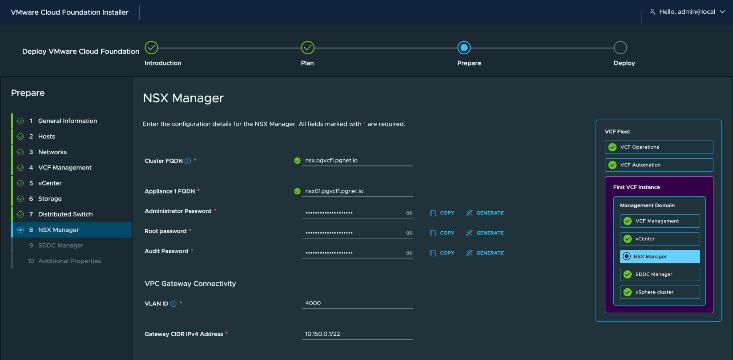 VCF Installer, Prepare › 8 NSX Manager — cluster and appliance FQDNs with green ticks from a live lookup, three masked password fields, and under VPC Gateway Connectivity a VLAN ID of 4000 and a Gateway CIDR IPv4 Address of 10.150.0.1/22