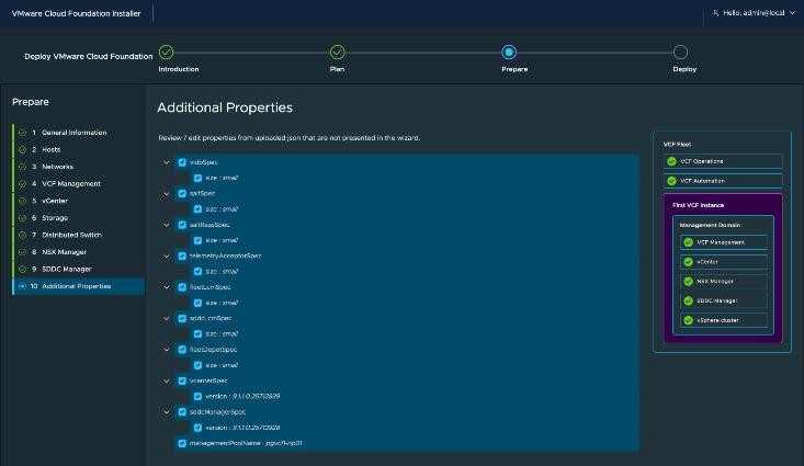 VCF Installer, Prepare › 10 Additional Properties — a tree of properties kept from the uploaded JSON that the wizard has no page for: component sizes set to small, the vCenter and SDDC Manager versions, and managementPoolName