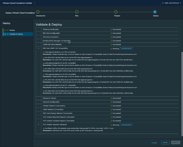 VCF Installer, Validate & Deploy after run 2 — every check Succeeded except ESX Host vSAN HCL Compatibility and VCF Installer Capacity Validation, which show Warning with an Acknowledge button. The Deploy button is greyed out.