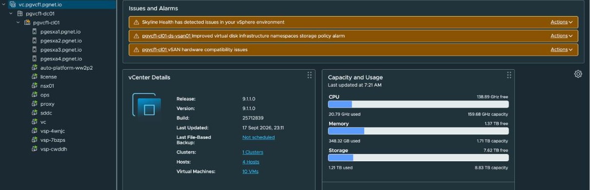 vCenter Summary after bring-up — release 9.1.1.0, build 25712839, datacenter pgvcf1-dc01 with cluster pgvcf1-cl01, 1 cluster, 4 hosts, 10 virtual machines, vCenter Health Good. Three alarms are listed: Skyline Health, an improved virtual disk infrastructure namespaces storage policy alarm, and vSAN hardware compatibility issues.