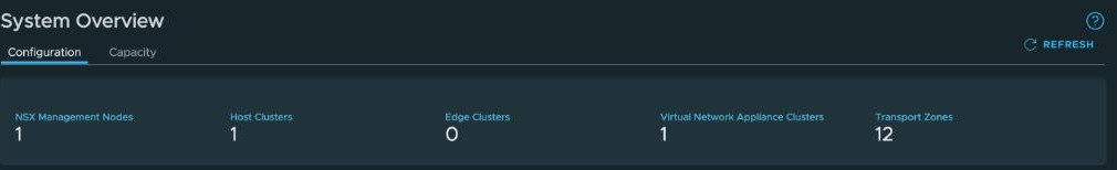 NSX System Overview configuration counters — NSX Management Nodes 1, Host Clusters 1, Edge Clusters 0, Virtual Network Appliance Clusters 1, Transport Zones 12.