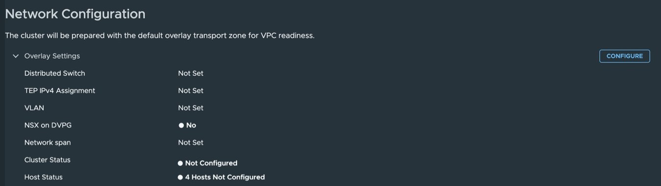 Network Configuration for pgvcf1-cl02 before preparation — Overlay Settings all Not Set, NSX on DVPG No, Cluster Status Not Configured, Host Status 4 Hosts Not Configured.