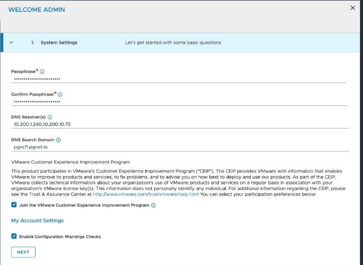 Avi welcome wizard, System Settings — a masked passphrase and confirmation, DNS resolvers 10.200.1.240 and 10.200.10.75, DNS search domain pgvcf1.pgnet.io, and the Customer Experience Improvement Program and configuration warnings checkboxes ticked.