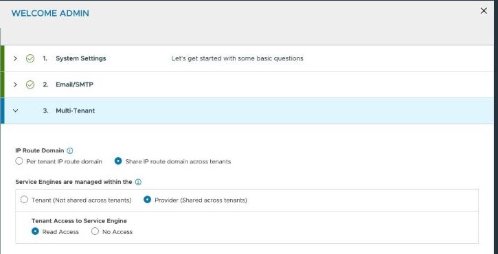 Avi welcome wizard, Multi-Tenant — IP Route Domain set to Share IP route domain across tenants, Service Engines managed within the Provider and shared across tenants, and Tenant Access to Service Engine set to Read Access.