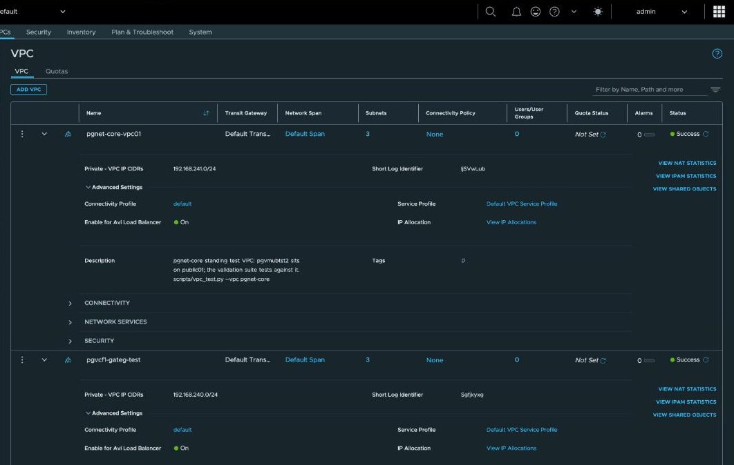 NSX Virtual Private Clouds — two VPCs, pgnet-core-vpc01 and pgvcf1-gateg-test, each showing Default Transit Gateway, Default Span, 3 subnets, status Success, and under Advanced Settings the connectivity profile default with Enable for Avi Load Balancer On.