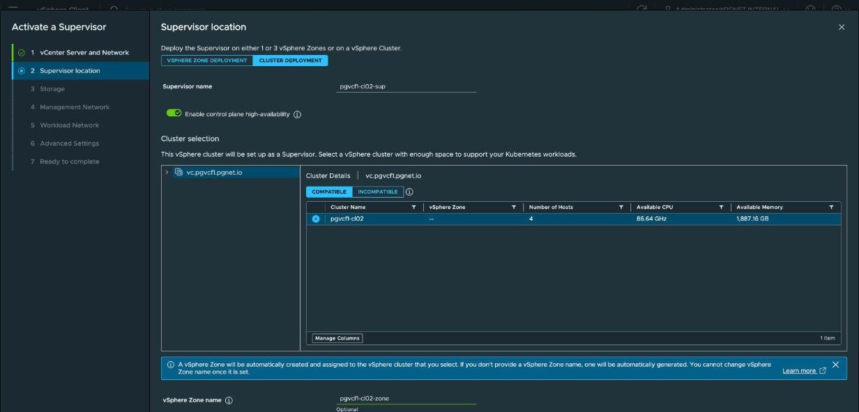 Activate a Supervisor, step 2 — Cluster deployment selected, Supervisor name pgvcf1-cl02-sup, control plane high availability enabled, cluster pgvcf1-cl02 selected as compatible with 4 hosts, and vSphere Zone name pgvcf1-cl02-zone, with a note that a zone is created automatically and its name cannot be changed once set.