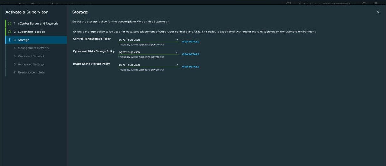 Activate a Supervisor, step 3 — Control Plane, Ephemeral Disks and Image Cache storage policies all set to pgvcf1-sup-vsan, each noted as applying to pgvcf1-cl01.
