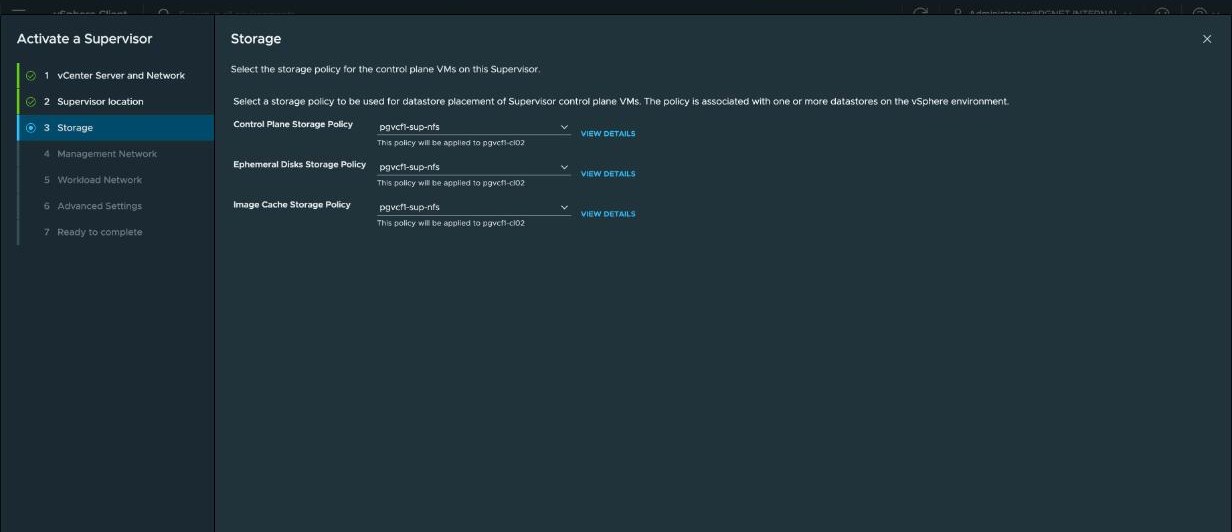 Activate a Supervisor, step 3 for the second Supervisor — the same three storage policies all set to pgvcf1-sup-nfs, applying to pgvcf1-cl02.