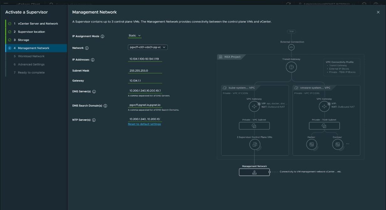 Activate a Supervisor, step 4 — IP assignment mode Static, network pgvcf1-cl01-vds01-pg-vcf-sup-mgmt-1601, IP addresses 10.134.1.100 to 10.134.1.119, subnet mask 255.255.255.0, gateway 10.134.1.1, DNS servers 10.200.1.240 and 10.200.10.75, DNS search domains pgvcf1.pgnet.io and pgnet.io, and the same two NTP servers.