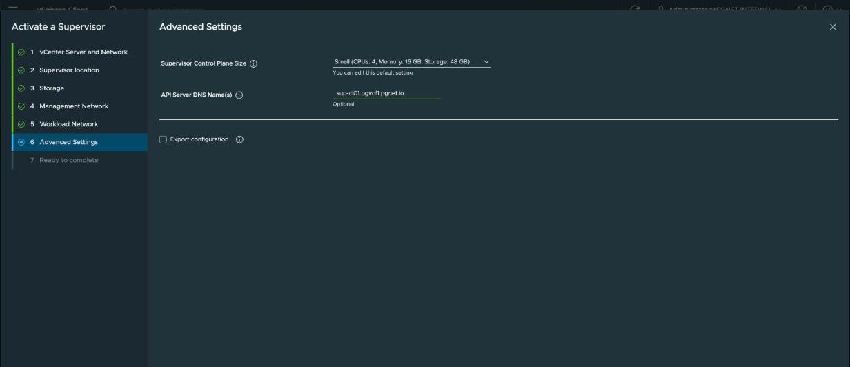 Activate a Supervisor, step 6 — Supervisor Control Plane Size set to Small, described as 4 CPUs, 16 GB memory and 48 GB storage, and API Server DNS Name sup-cl01.pgvcf1.pgnet.io, with an Export configuration checkbox below.