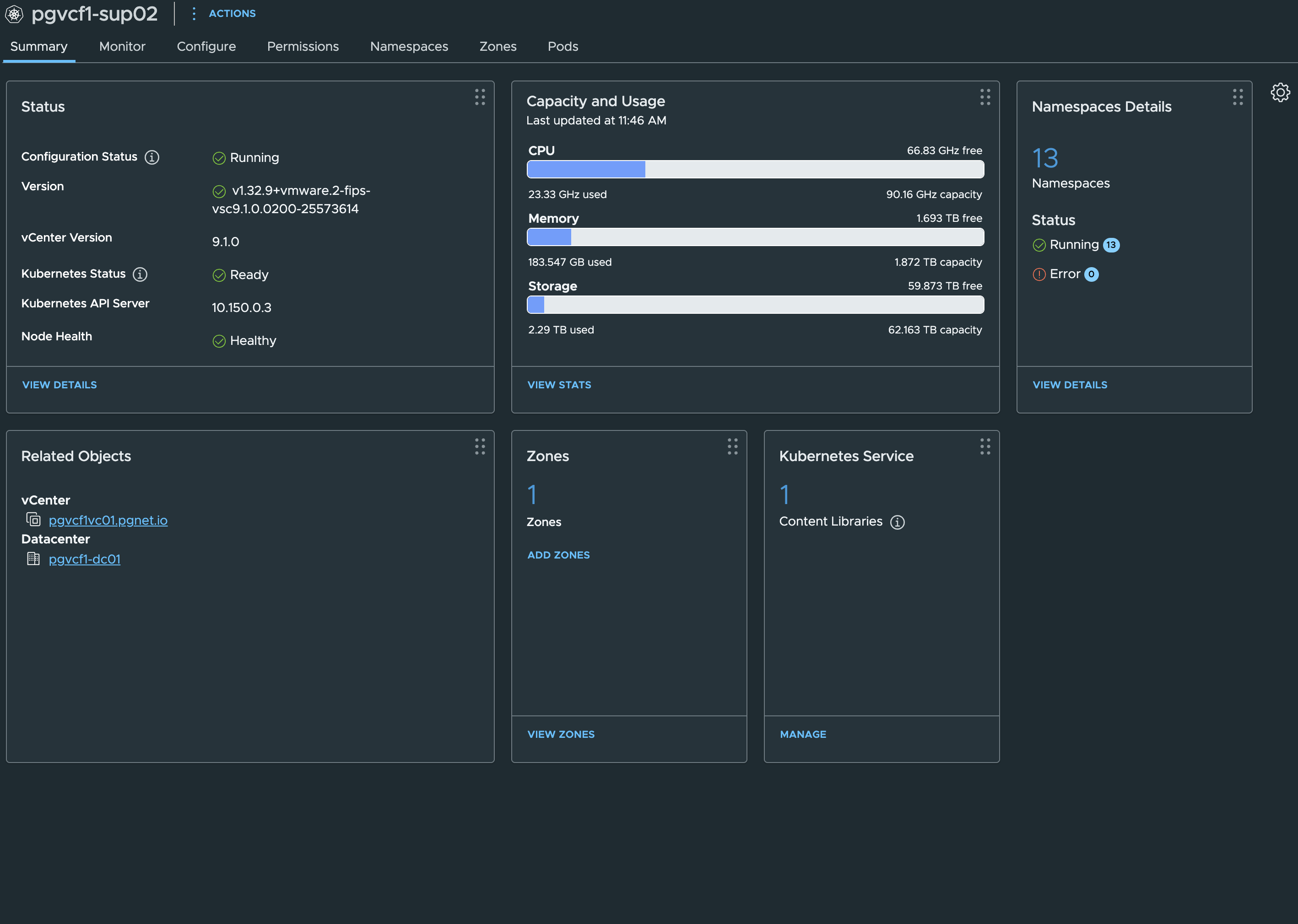 Workload Management → Supervisors → pgvcf1-sup02 — Running, Kubernetes API server 10.150.0.3, three control-plane nodes on pgesxi1–4
