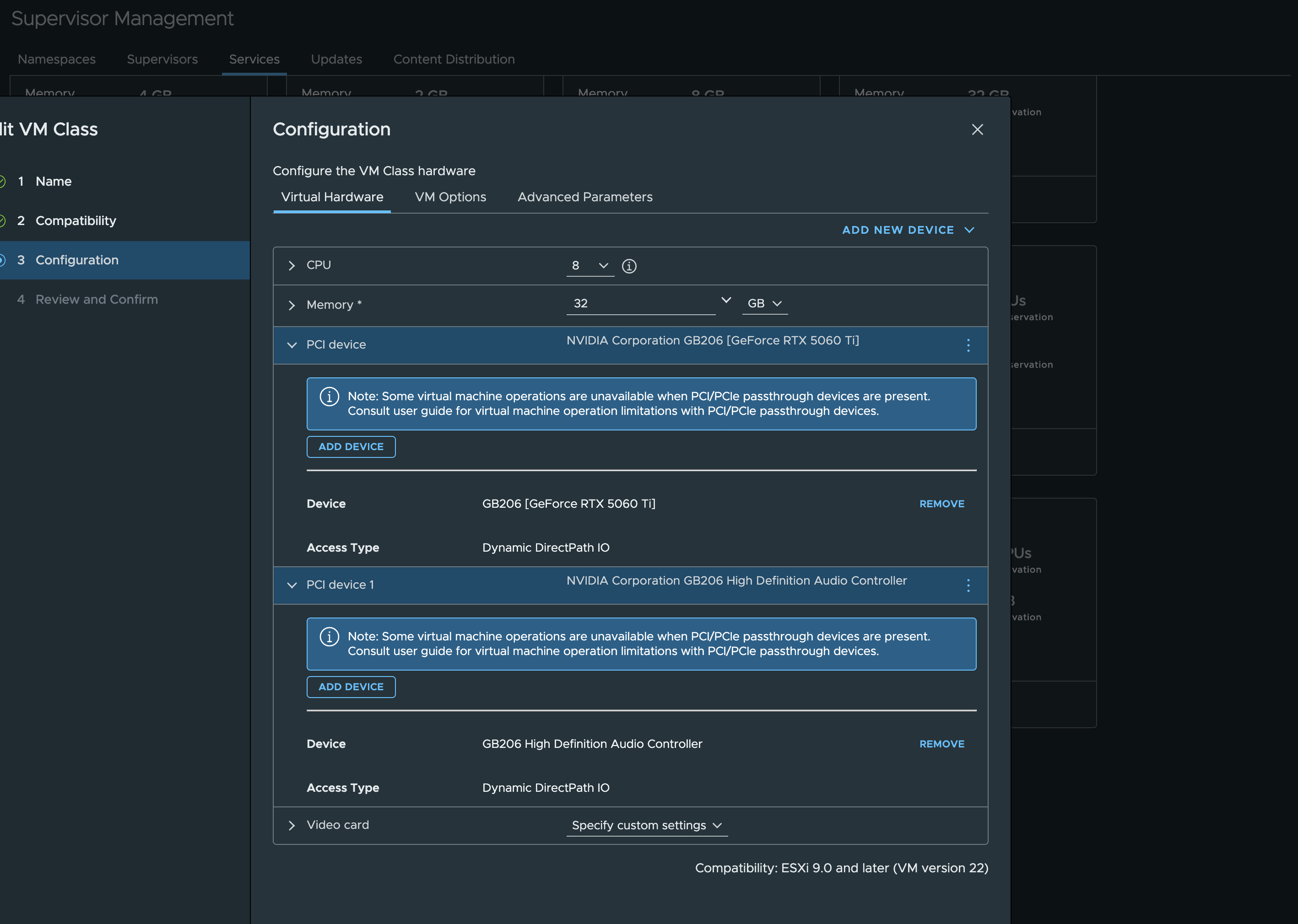 Edit VM Class → Configuration: both GB206 functions (GeForce RTX 5060 Ti and its HD Audio controller) attached with Access Type "Dynamic DirectPath IO"; vSphere warns some VM operations are unavailable with passthrough devices