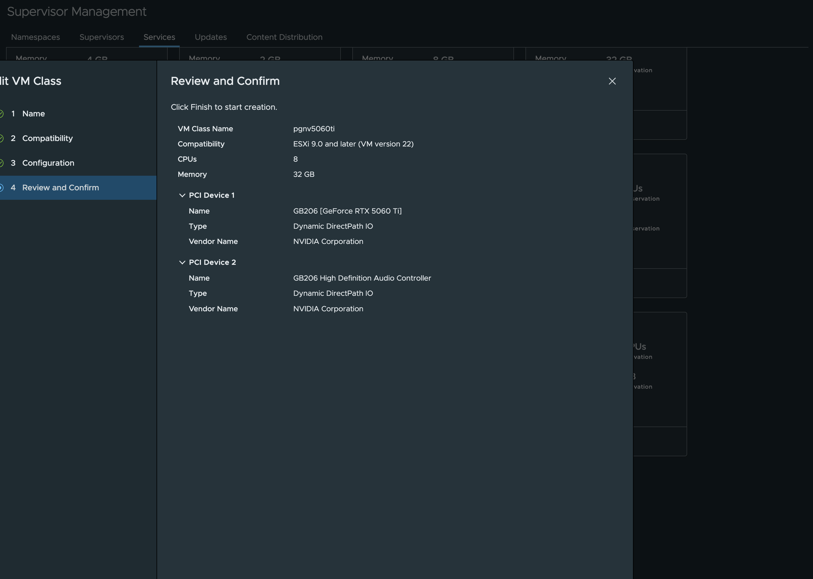 Edit VM Class → Review: pgnv5060ti, ESXi 9.0 and later (VM version 22), 8 CPUs, 32 GB, two NVIDIA PCI devices as Dynamic DirectPath IO