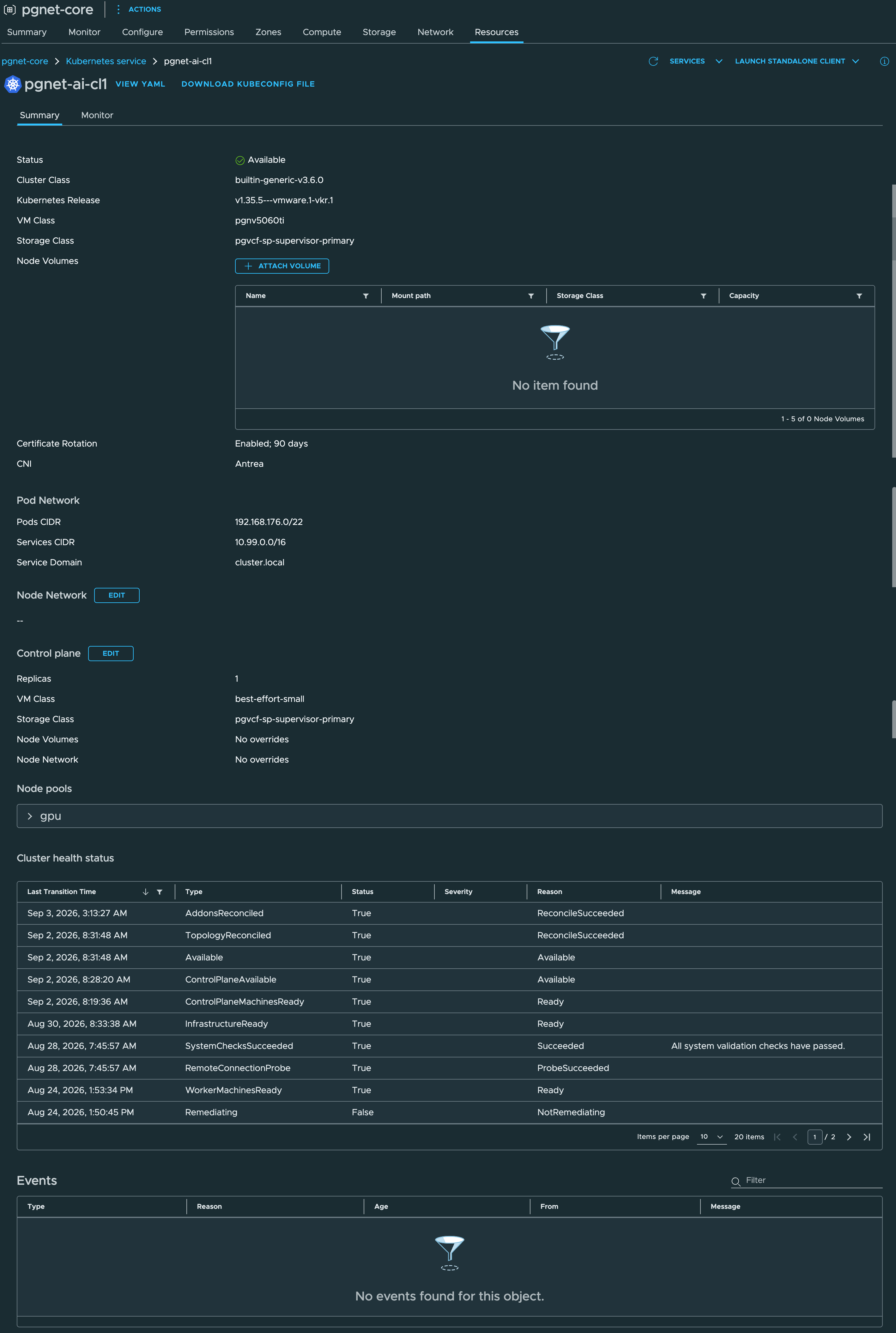 VKS cluster pgnet-ai-cl1 summary: builtin-generic-v3.6.0, v1.35.5---vmware.1-vkr.1, control plane 1 × best-effort-small, node pool gpu on pgnv5060ti, pods 192.168.176.0/22, services 10.99.0.0/16, all conditions True