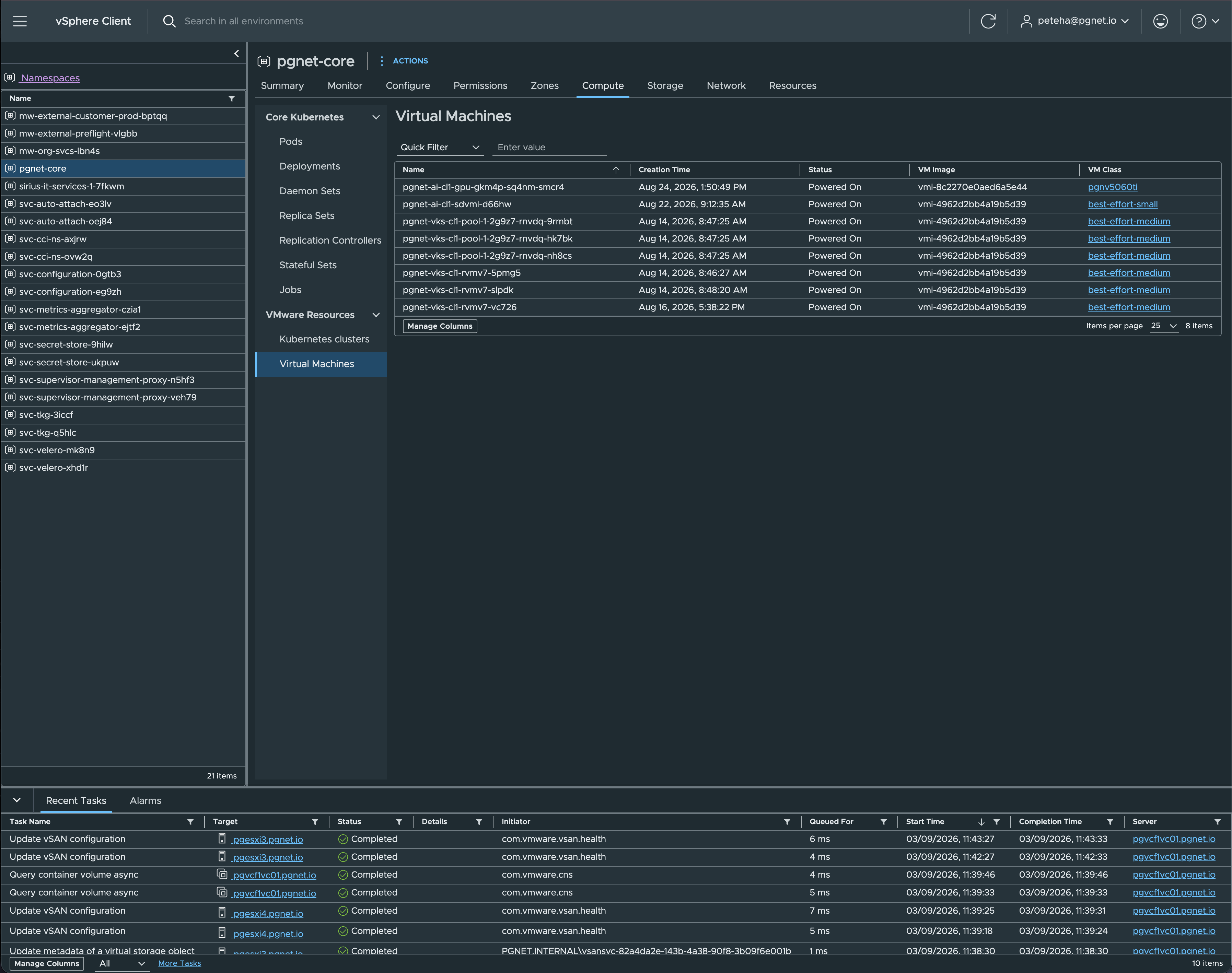 Namespace → Virtual Machines: the gpu worker runs VM image vmi-8c2270e0aed6a5e44 while every other node runs vmi-4962d2bb4a19b5d39