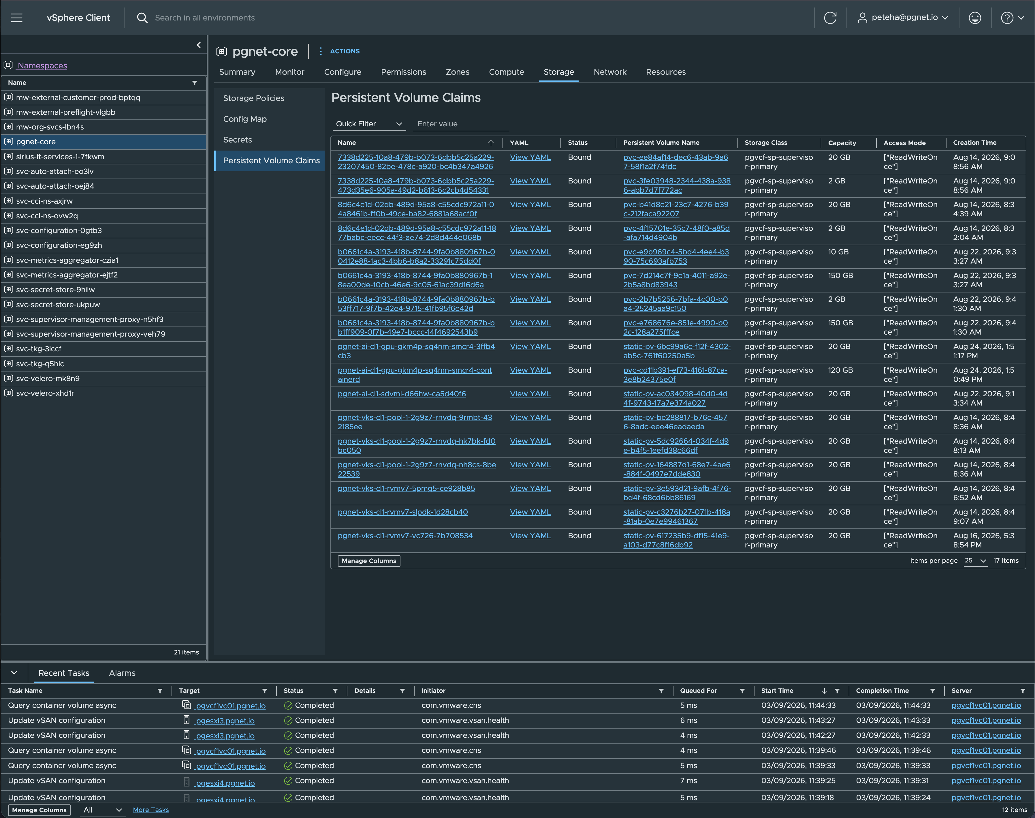 Namespace → Persistent Volume Claims: the gpu node's 120 GB containerd volume alongside the 20 GB node disks and the 150 GB Ollama PVC, all on StorageClass pgvcf-sp-supervisor-primary