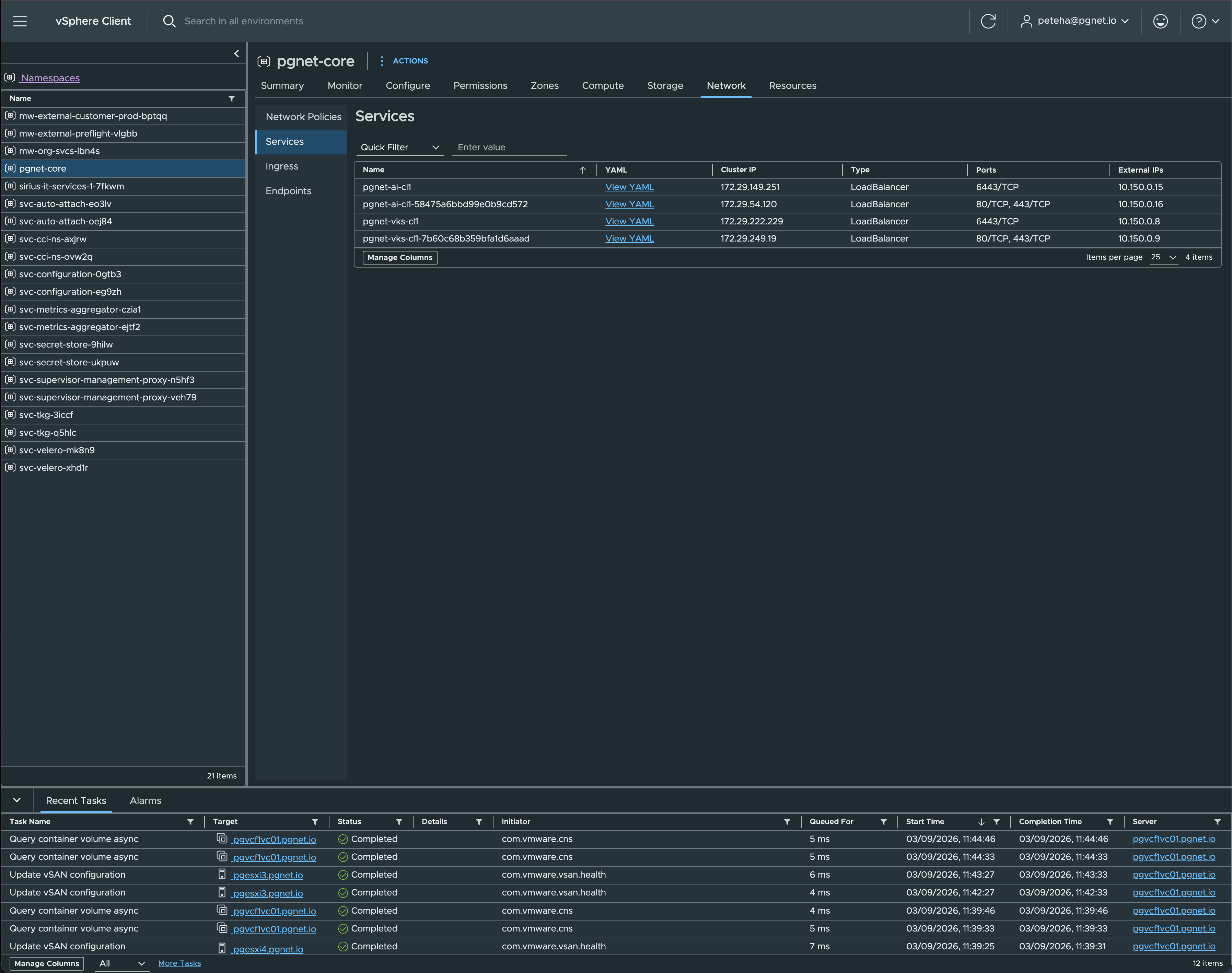 Namespace → Network → Services: the cluster API and the Envoy ingress each get an external IP from the NSX external block (10.150.0.15 and 10.150.0.16)