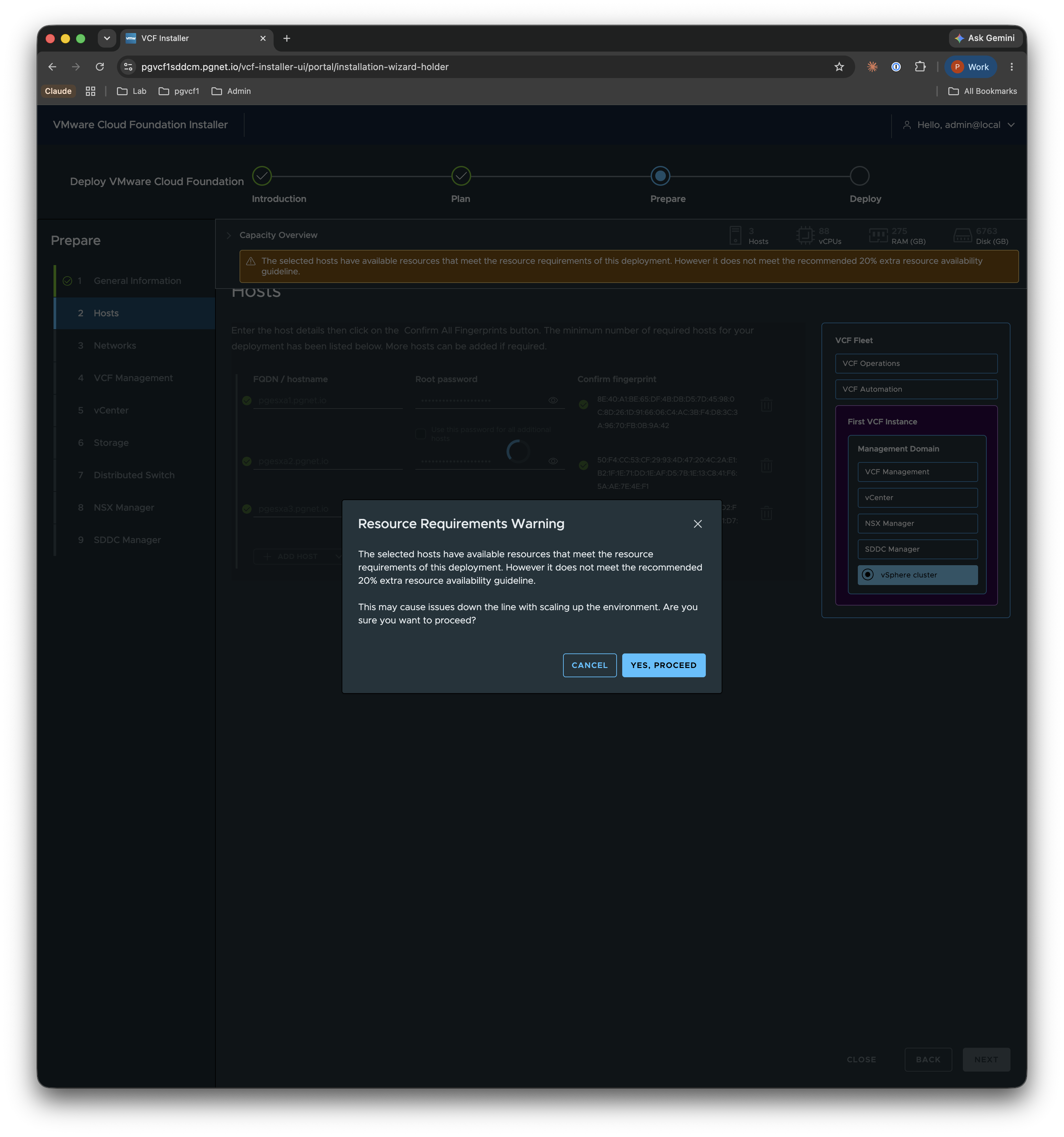 Prepare — Hosts resource requirements warning