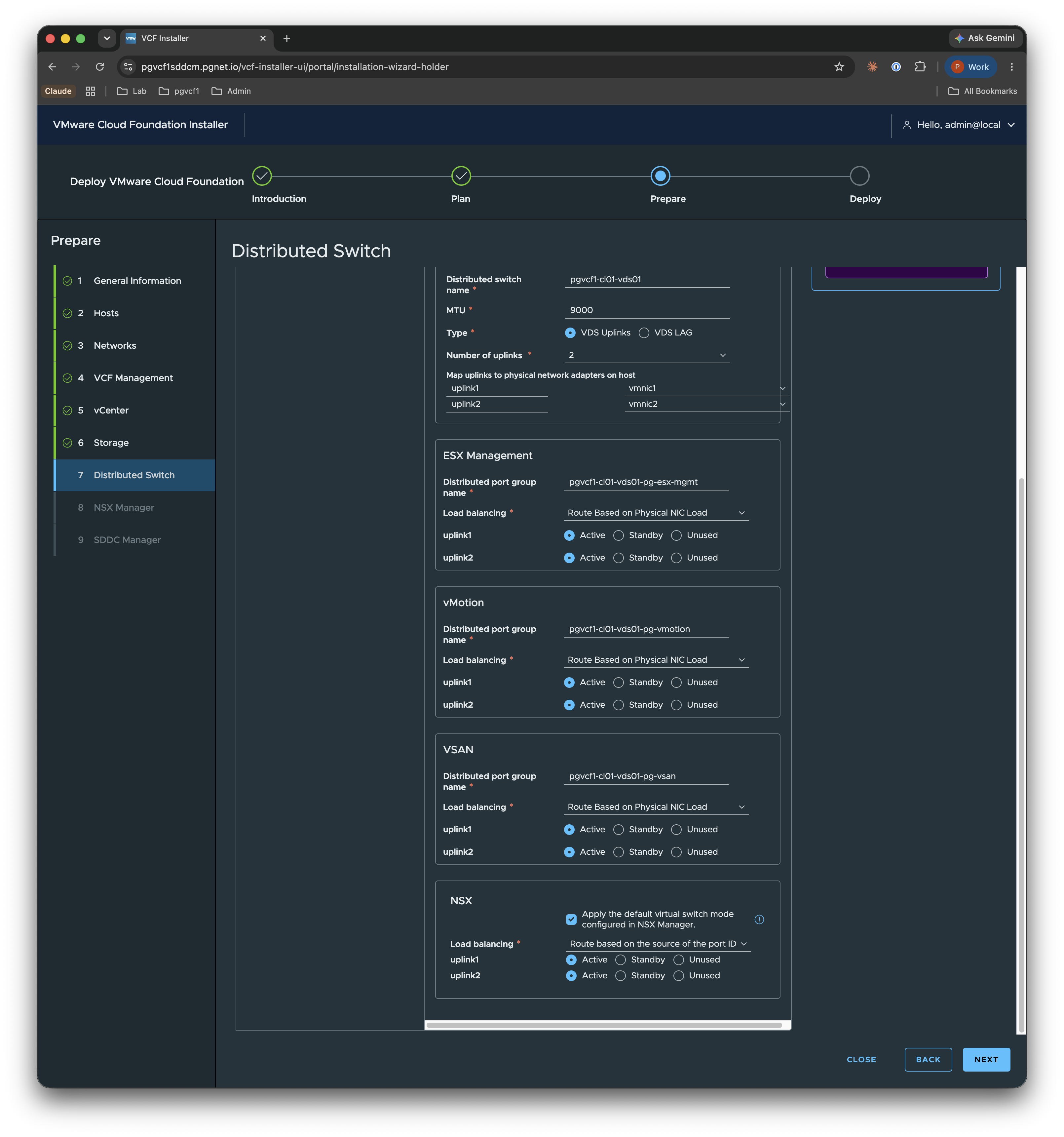 Prepare — Distributed Switch (NSX section)