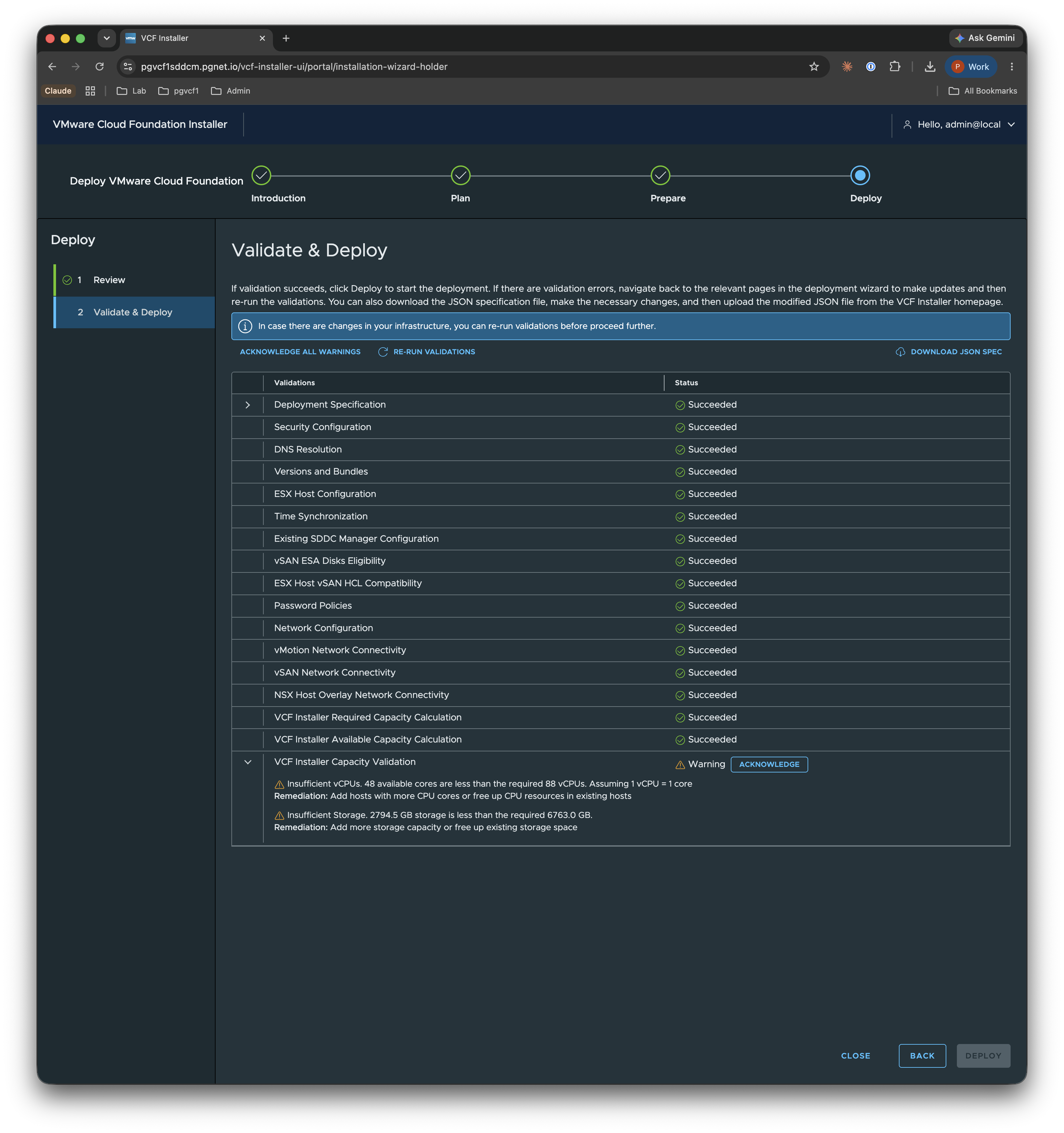 Deploy — Validation warnings