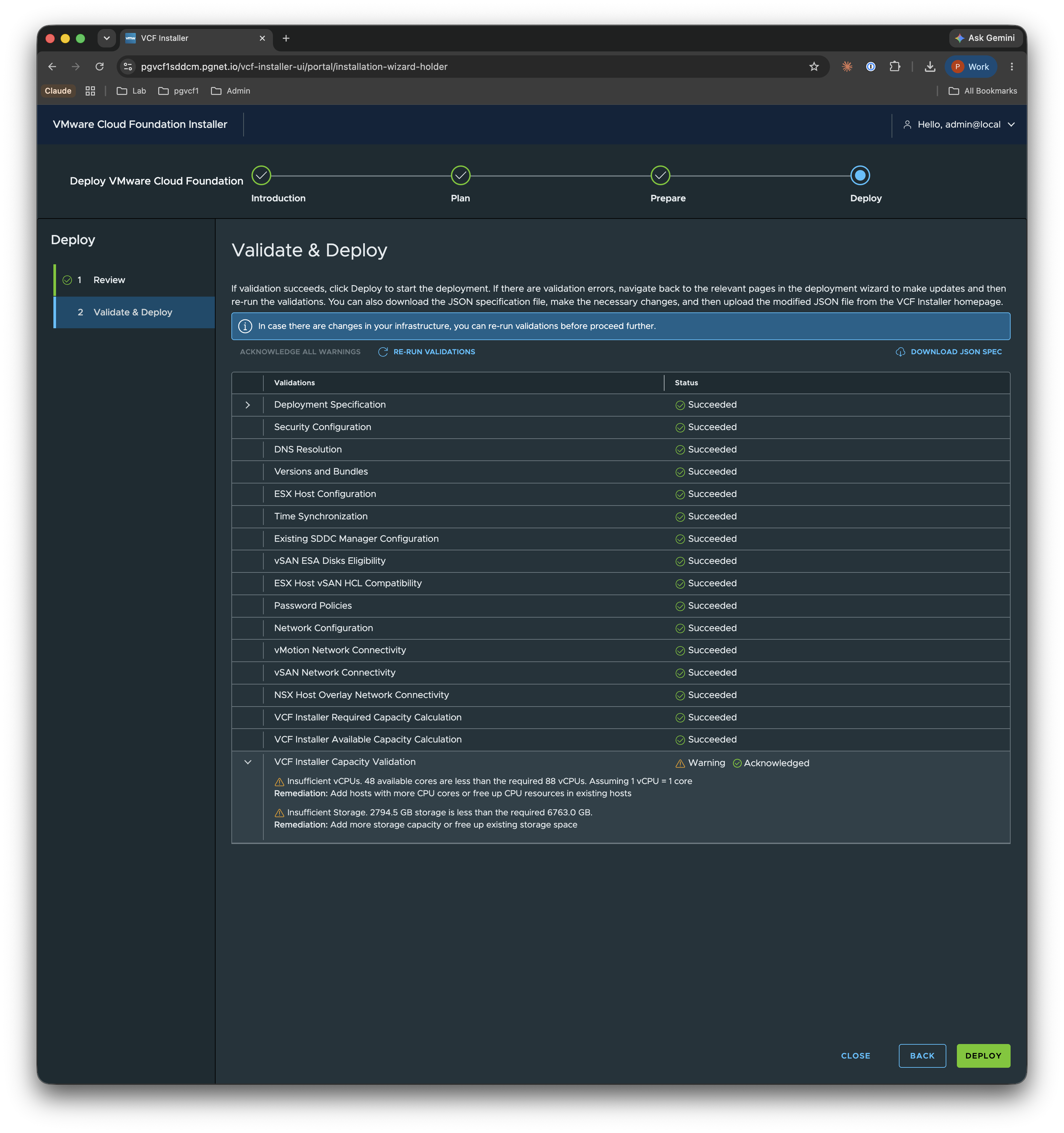 Deploy — Warning acknowledged, Deploy enabled