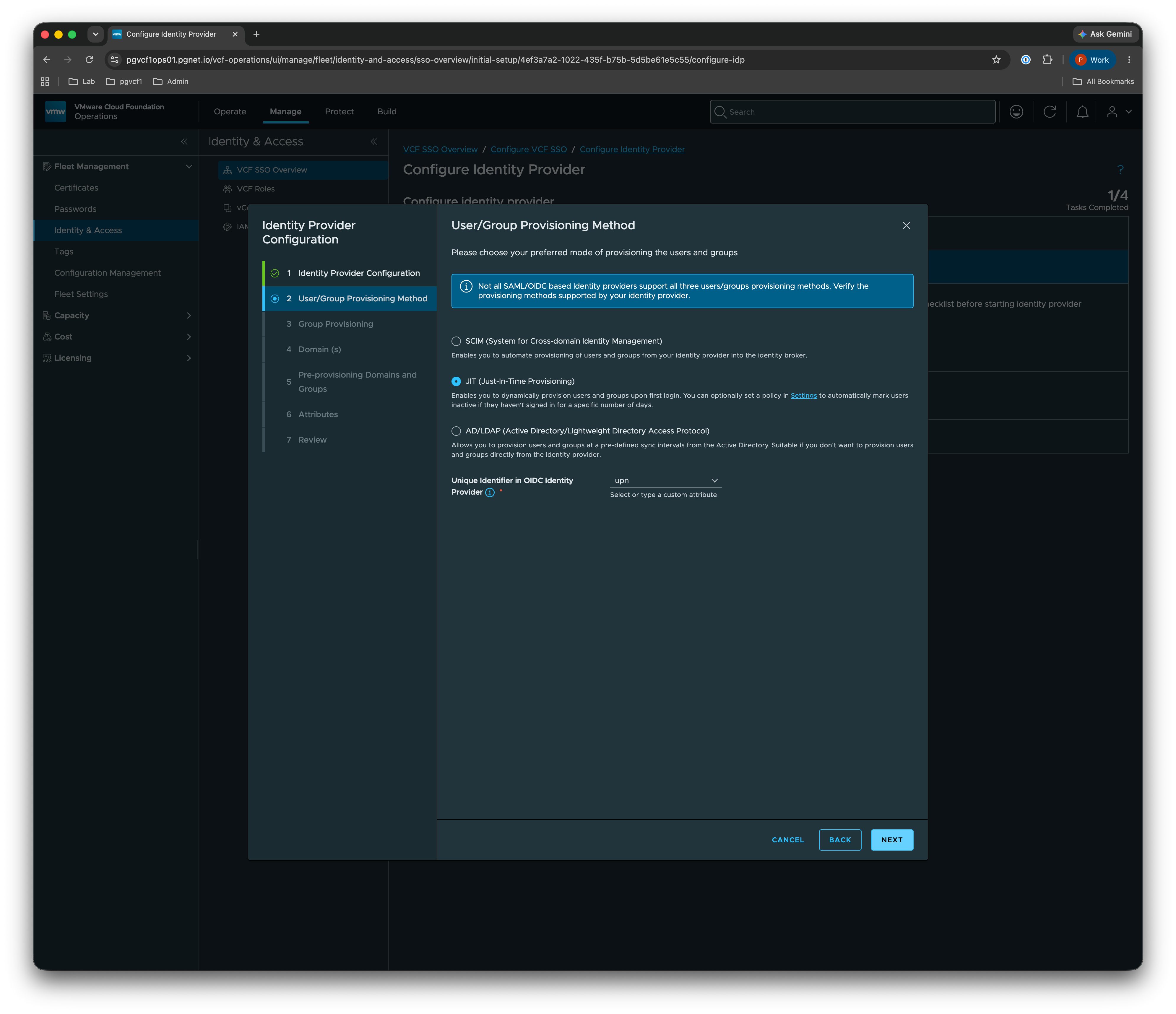 User/Group Provisioning Method — JIT, unique identifier upn