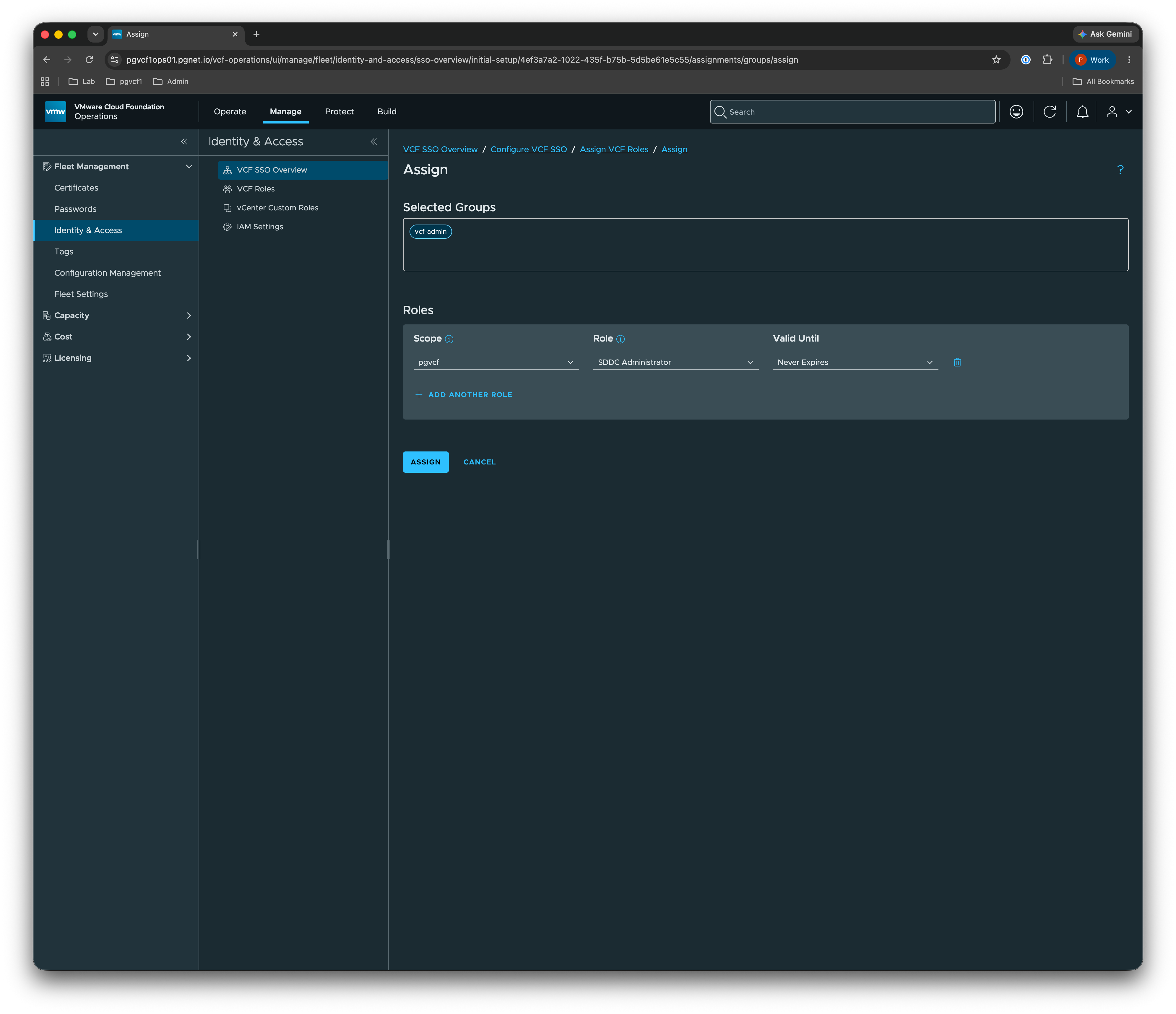 Assign VCF role — vcf-admin → SDDC Administrator