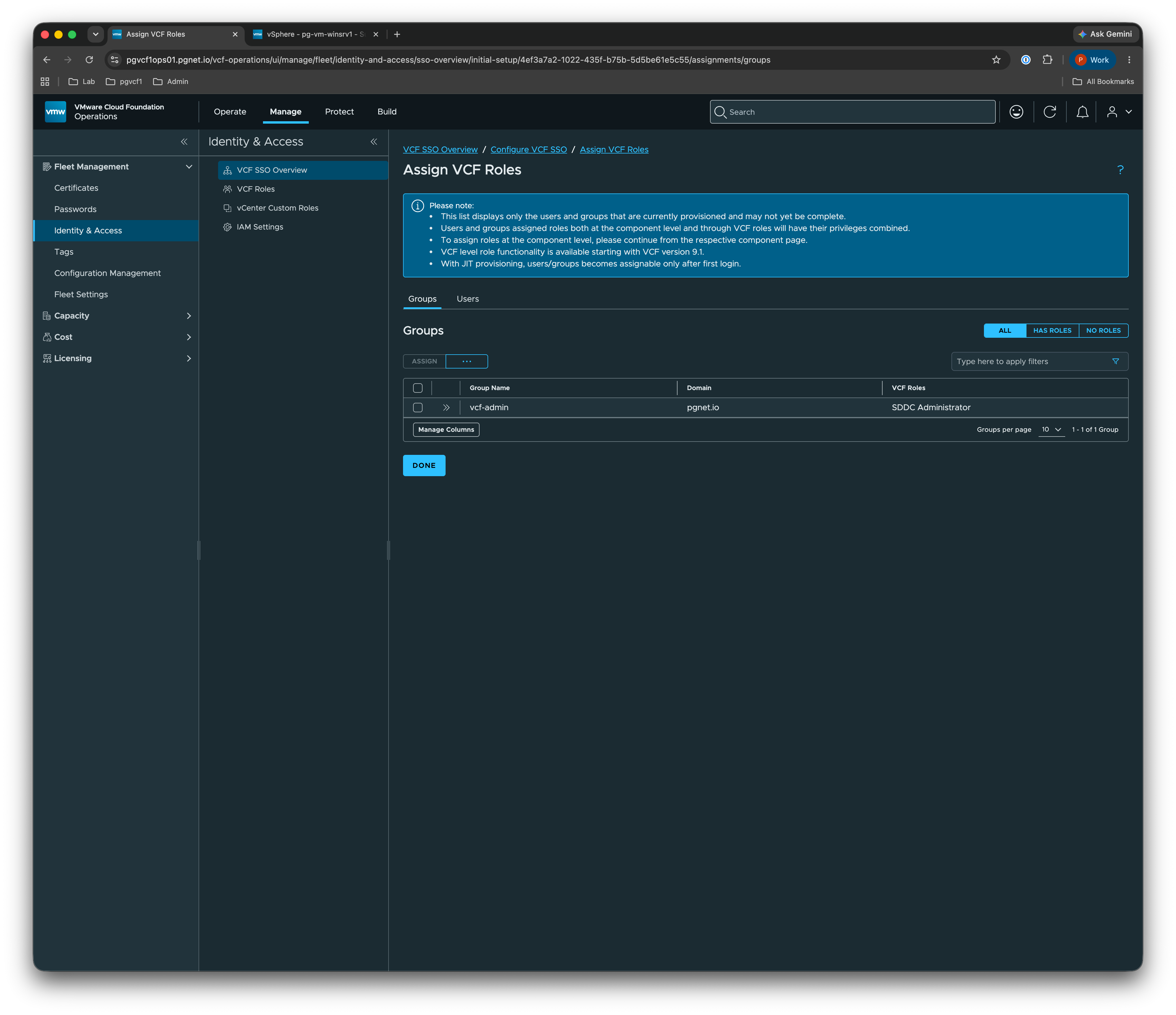 Assign VCF Roles — group list