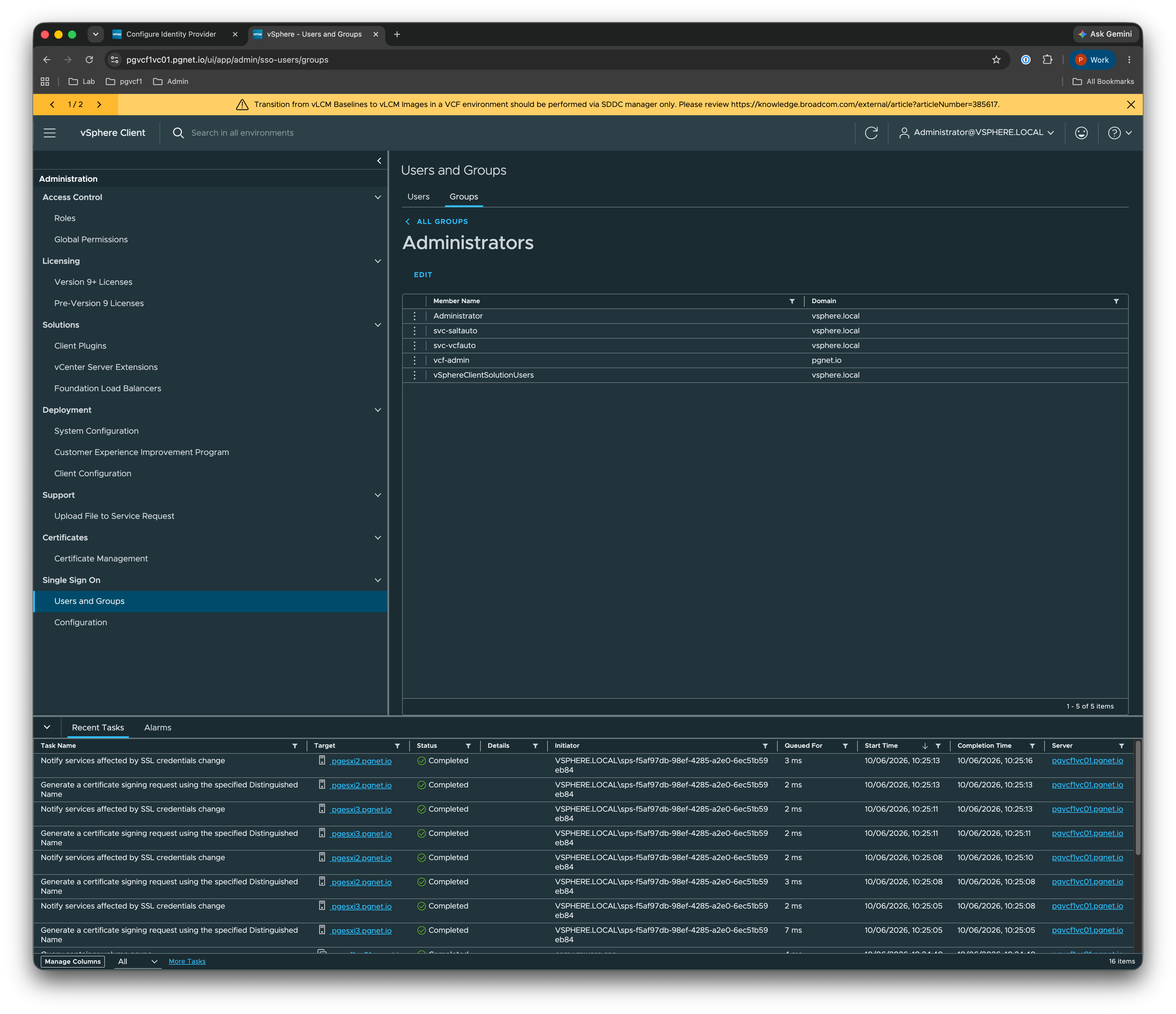 vCenter Administrators group includes vcf-admin@pgnet.io