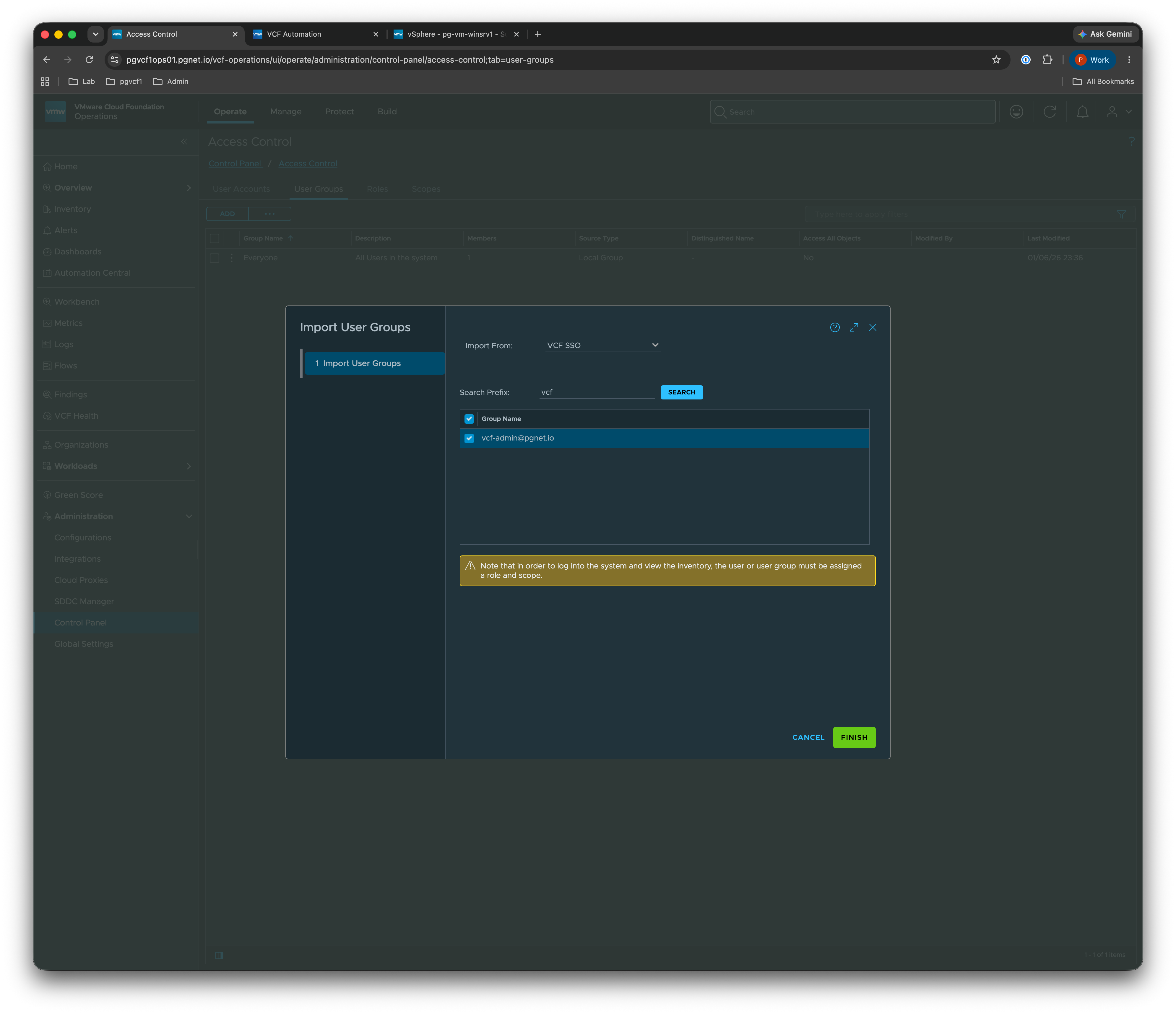 Import User Groups — select vcf-admin@pgnet.io