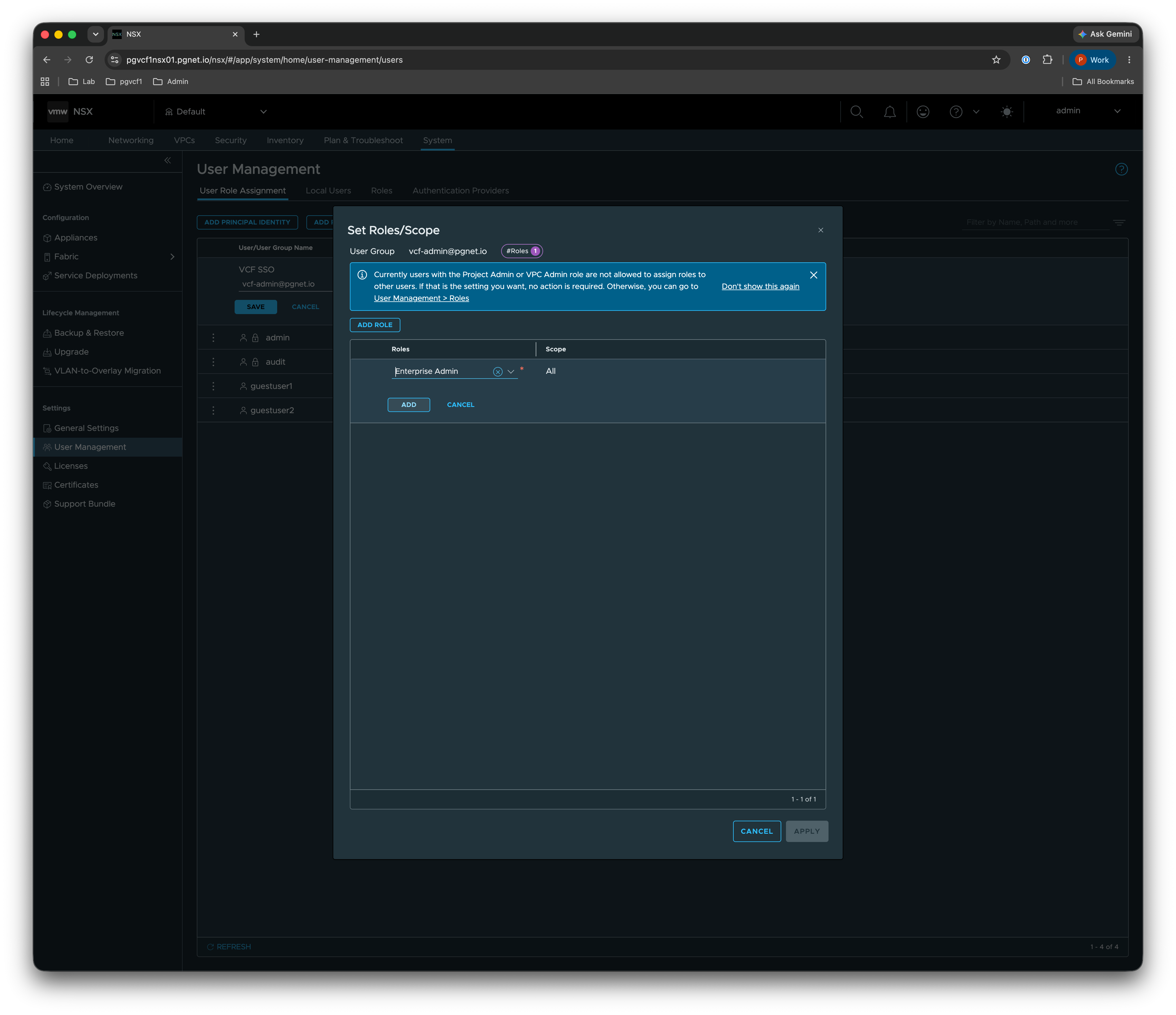 NSX — Set Roles/Scope: Enterprise Admin